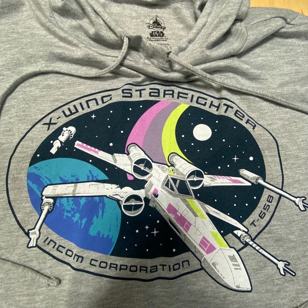 Star Wars Disney X-Wing Fighter Gray Hooded Long Sleeve T Shirt Men's Medium